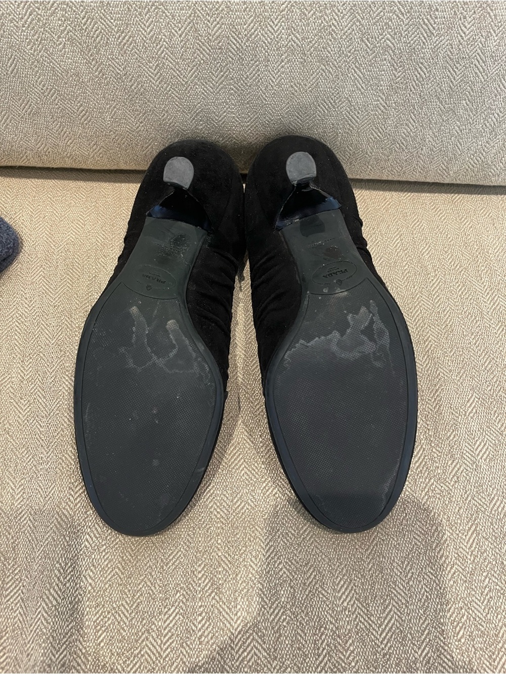 Prada Black Suede Pumps with Gold Logo Bow - Picture 2 of 10
